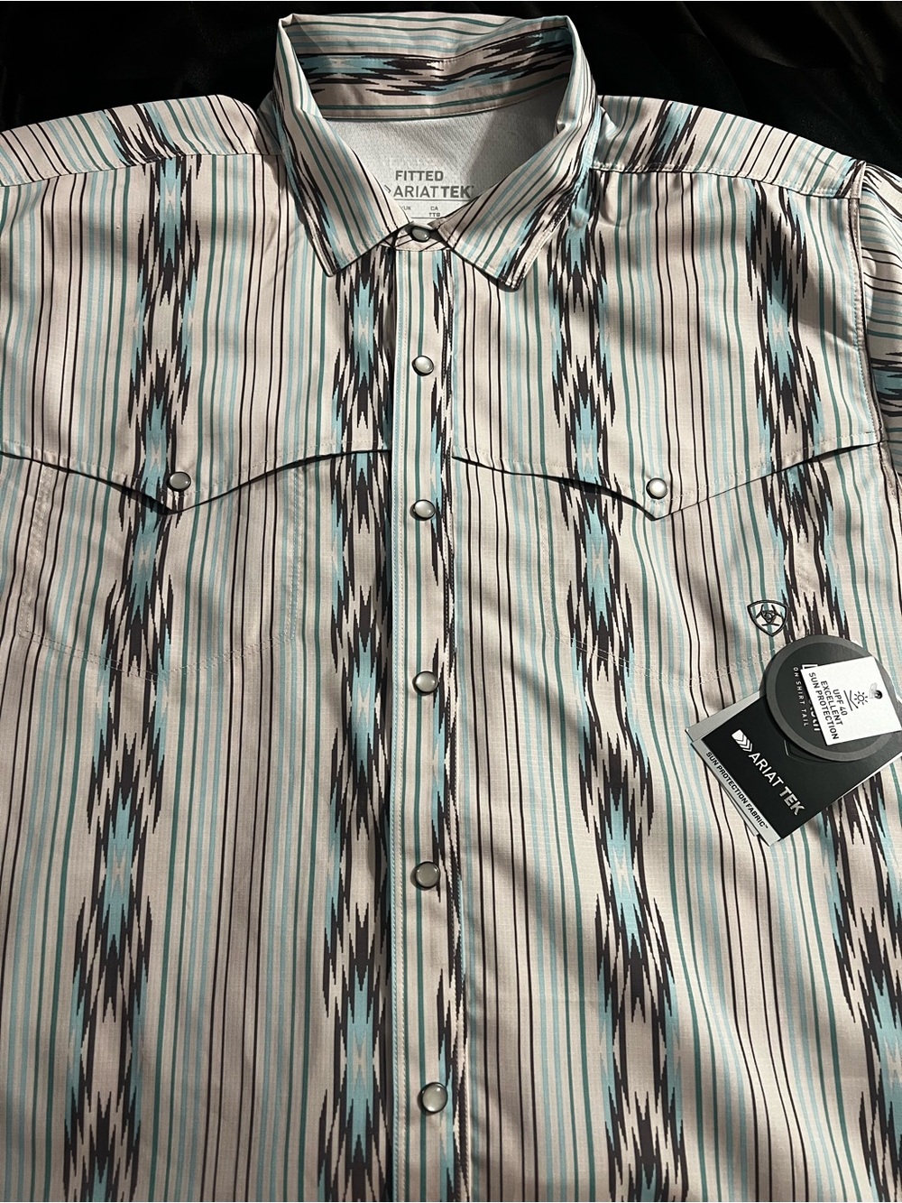 Ariat Striped Western Snap Shirt in Light Blue, White, and Black short sleeve